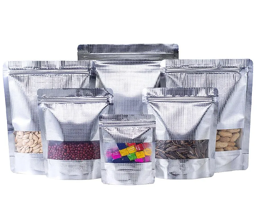 100pcs Stand up Embossed Silver Aluminum Foil Window Zip Lock Bag Resealable Visiable Display Food Snack Coffee Meat Dried Fruits 2781063