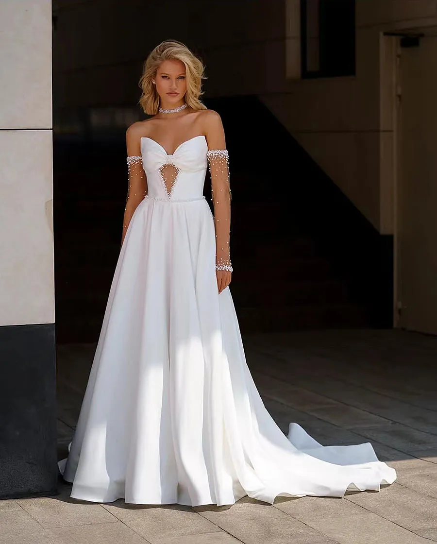 Satin A Line Wedding Dress 2024 Bridal Gown Sweetheart Beading Pearls Löstagbara ärmar White Lvory Vestidos Denovia