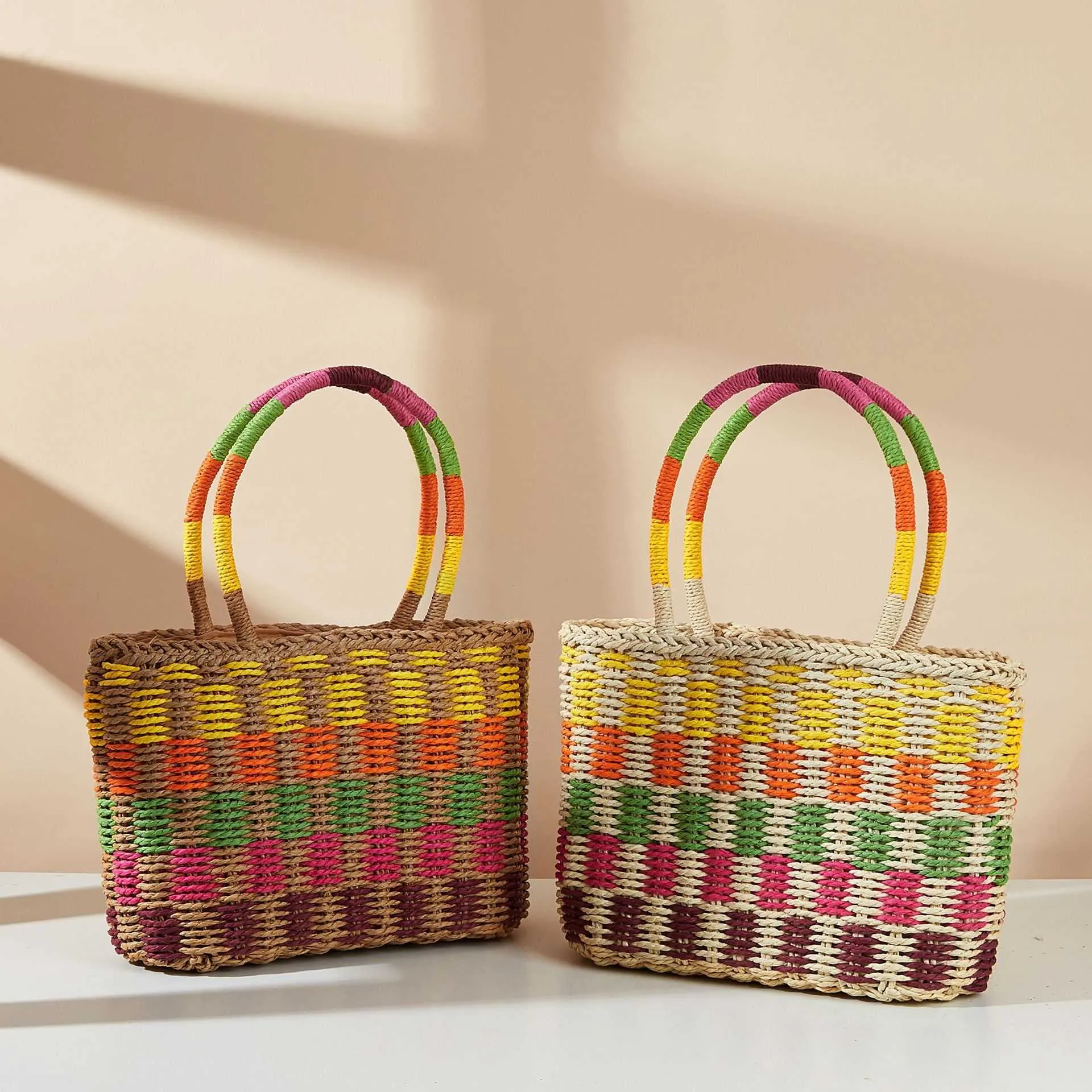 Handwoven Straw Basket Bag Stylish Fruit and Veg Picnic Tote Minimalist Womens Handbag 2024