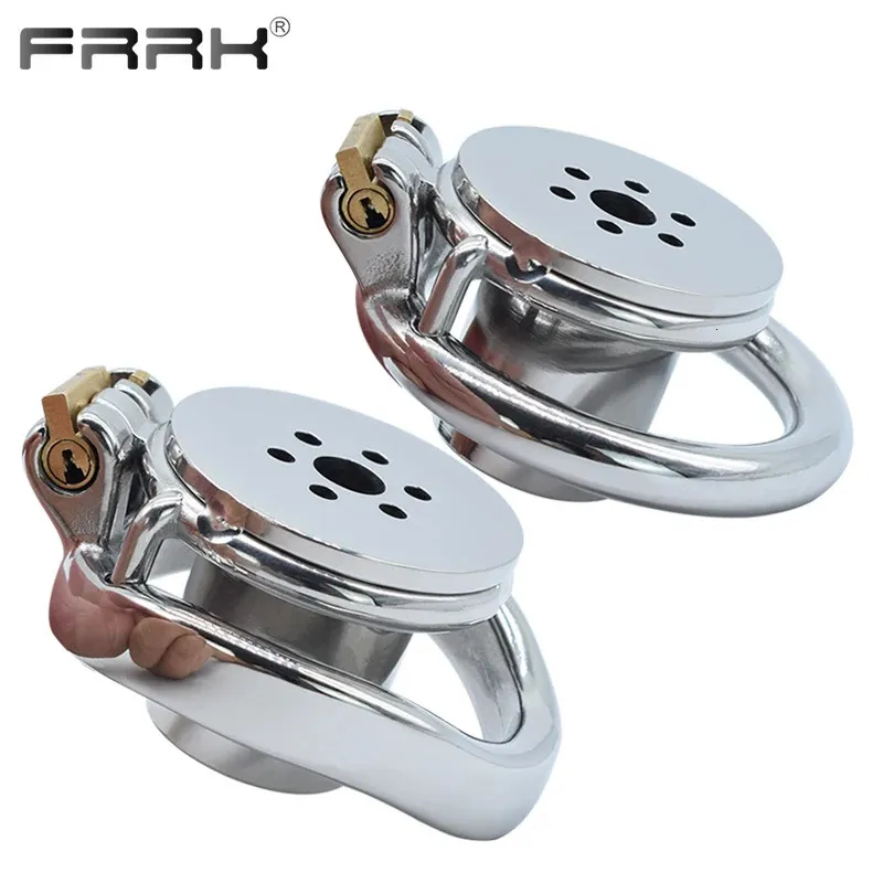 FRRK Inverted Plugged Cylinder Chastity Cage with Bondage Belt for Couple Stainless Steel Cock Penis Rings Adults Sex Toys Shop 240312