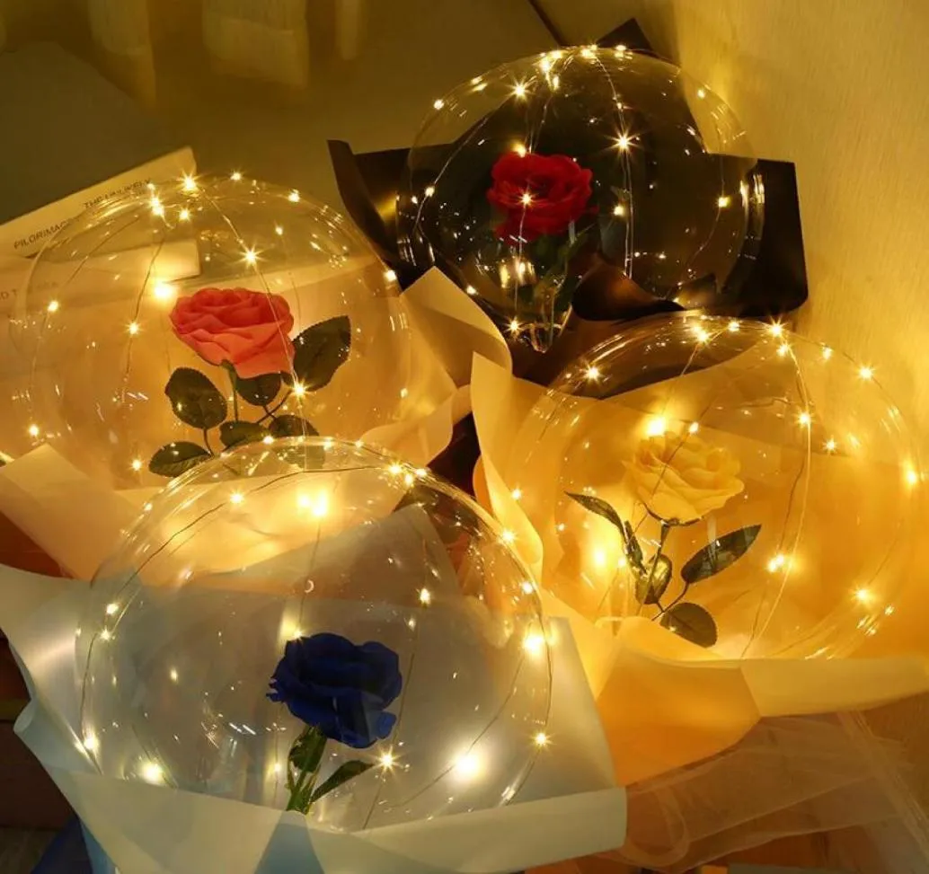 LED Luminous Balloon Rose Bouquet Transparent Bubble Rose LED Bobo Ball for Valentine039s Day Birthday Flashing Light Up Balloo2221429