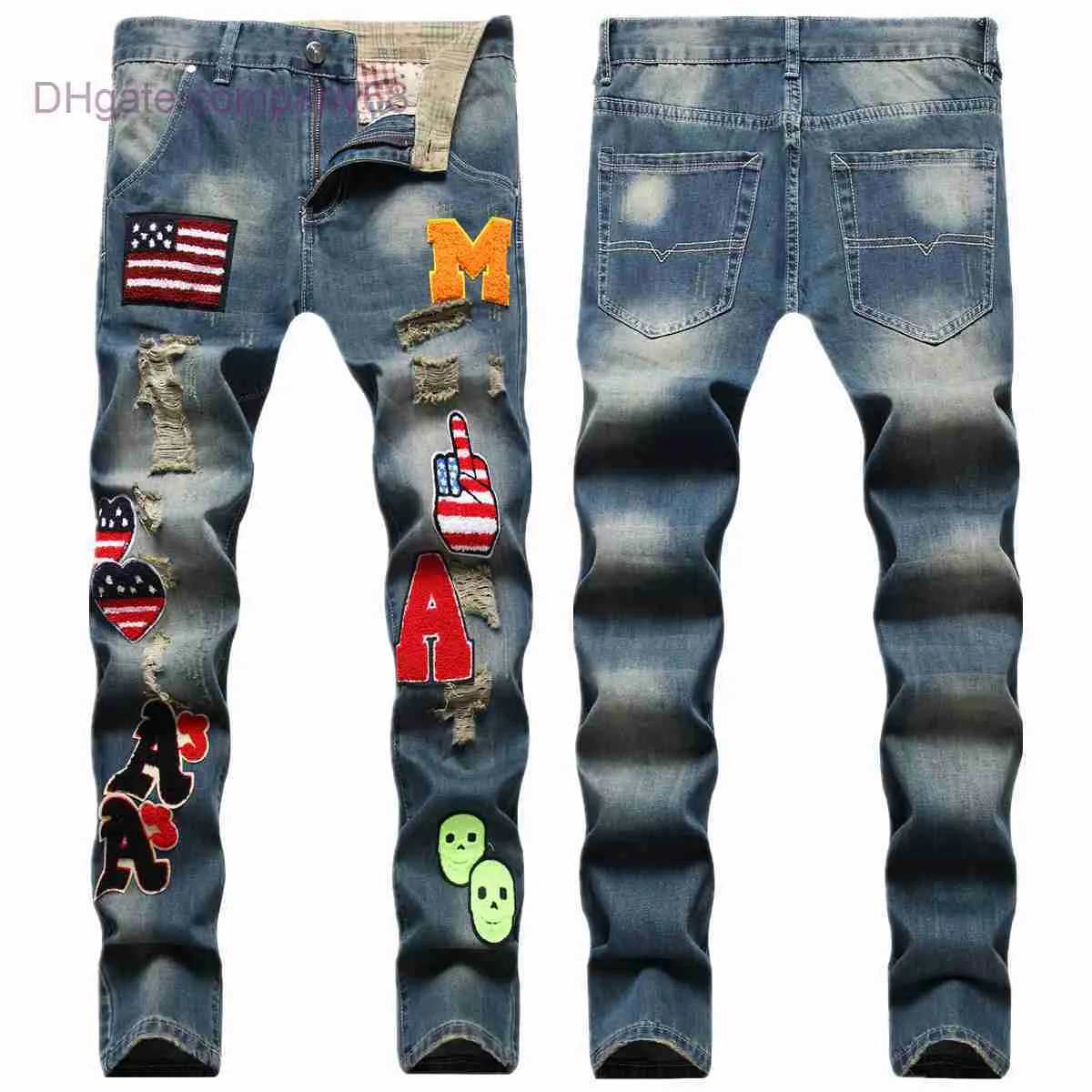 Designer herenjeans Windjeans voor heren met gescheurde gaten Herfststijl Gepersonaliseerde badge Runway Design Rechte pasvorm Trendy bedelaarsbroek