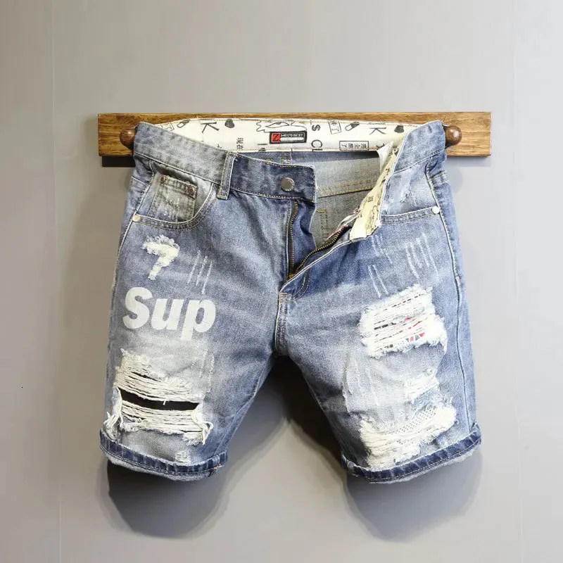 Summer Light Blue Ripped Cat Whisker Patch Letter Print Slim Denim Shorts Teenagers Jeans Boys and Girls Cowboy Short Pants 240307