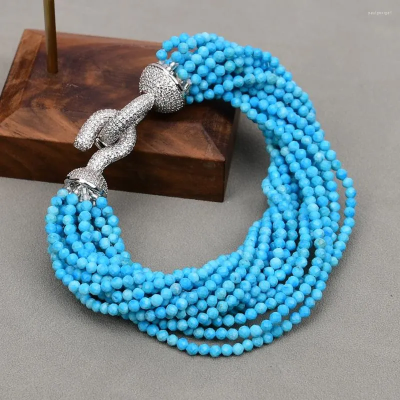 Bracelet de perles rondes à facettes en pierre naturelle bleue Turquoise, brin G-G, 15 rangées, 8.5 pouces, multi-bijoux, cadeaux pour dames