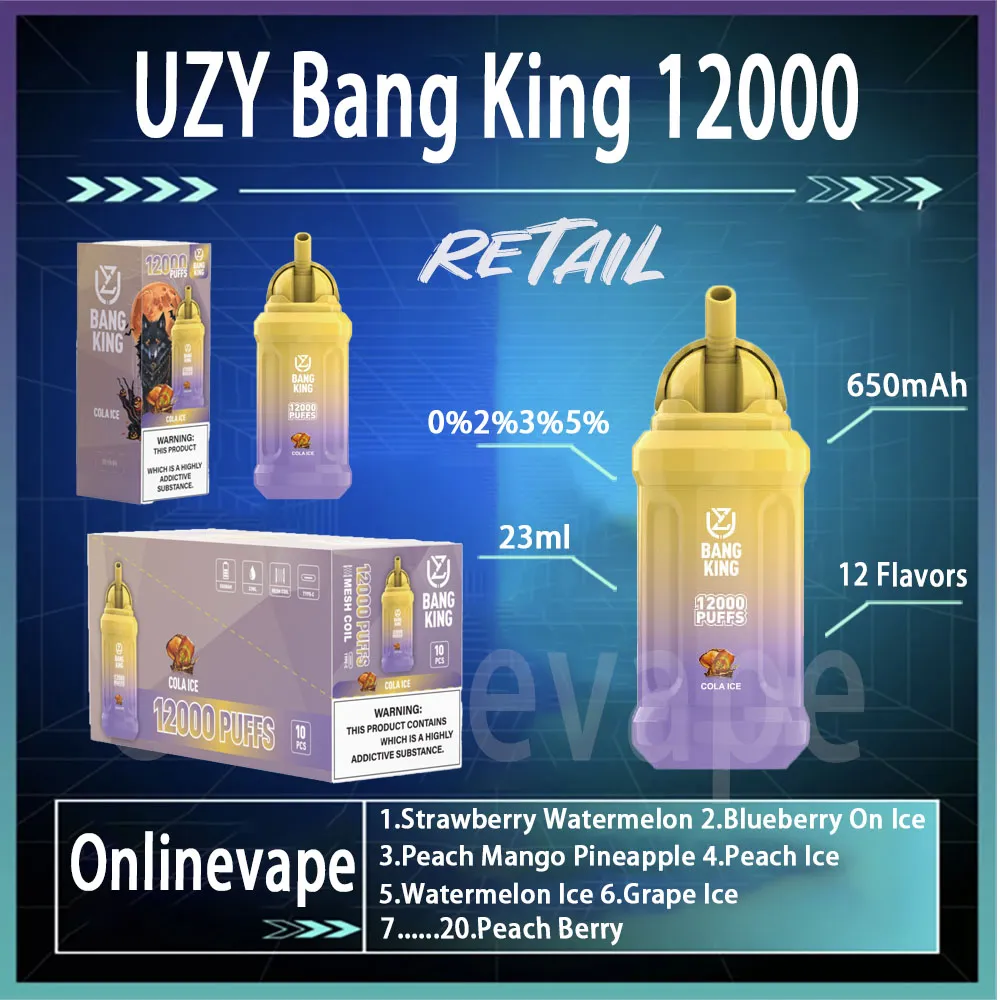 ベストセラーのUzy Bang King 12000 Puff使い捨ての電子タバコ充電式バッテリー0％2％3％5％23ml 20フレーバー電子タバコキット