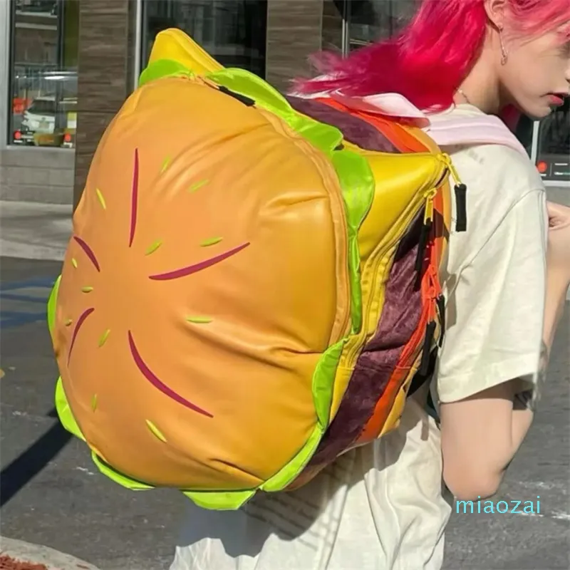 Schultaschen, stilvoller Hamburger-Tagesrucksack, Laptop-Aufbewahrung, Reißverschluss, tragbare Freizeittasche, PU-Cheeseburger-Rucksack für Unisex, Reisen, Outdoor-Urlaub