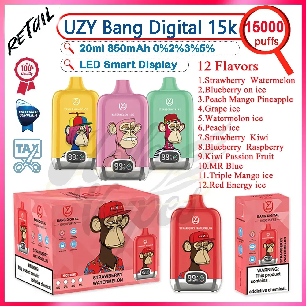 Vendita al dettaglio UZY Bang Digital 15000 Puff monouso E sigaretta Vape Pen 0% 2% 3% 5% Forza 20ml Pod Vaper 850mAh Display LED 15k Puffs Vaper