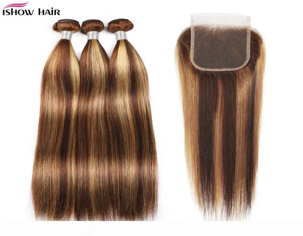 Ishow destaca 4 27 pacotes de cabelo humano com fechamento em linha reta extensões de cabelo virgem 3 4pcs com fechamento de renda colorido ombre5761111