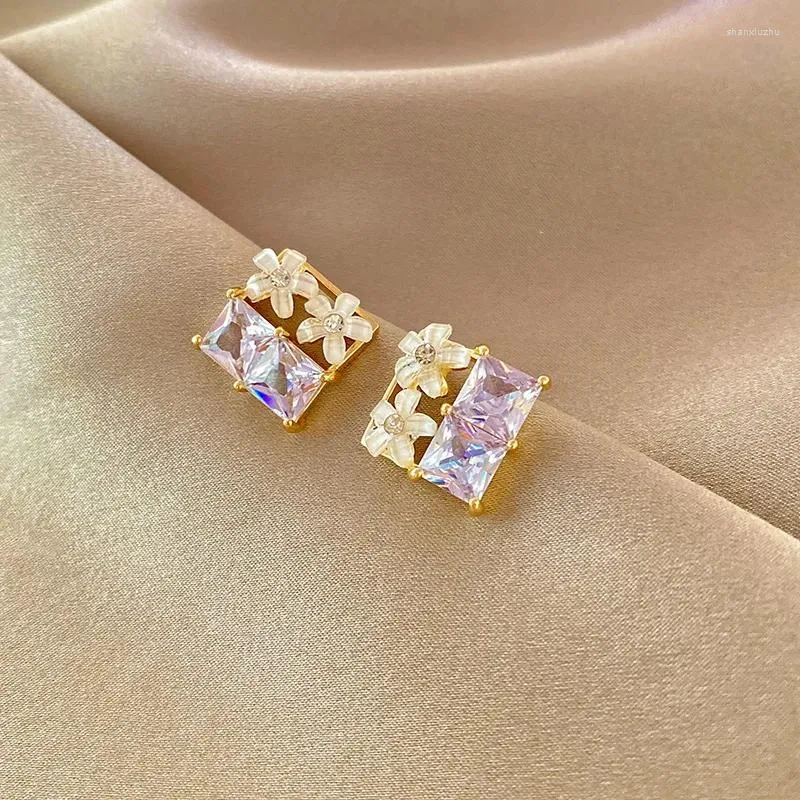 Stud Earrings Korean Purple Crystal Flower For Women Fashion Personality Geometric Girl Party Jewelry Accessories