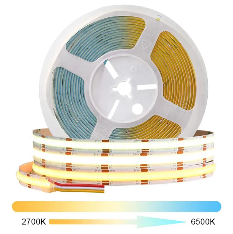 CCT COB LED Strip Lights عالية الكثافة 608 LEDS/M مرنة Dimmable FOB LED شريط 2700K إلى 6500K إضاءة LED DC12V 24V