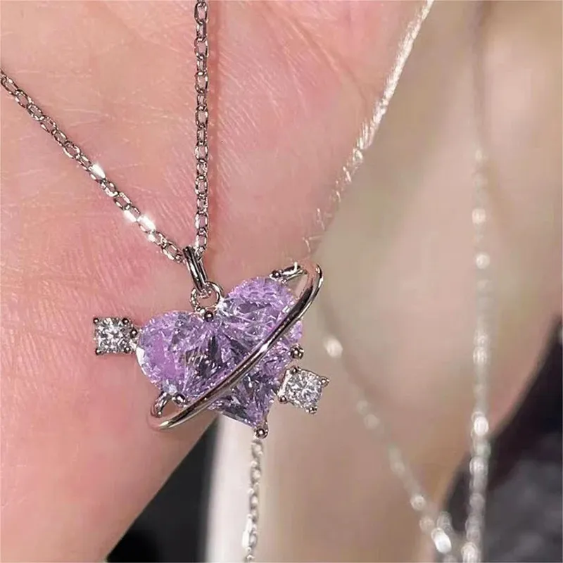 Fashion Pink Purple Crystal Heart Planet Pendant Necklace Y2K Girls Zircon Aesthetic Clavicle Chain Party Women Jewelry Gifts 240311