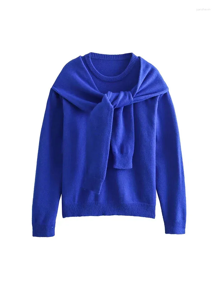Suéteres femininos zadata 2024 elegante e simples azul versátil de manga comprida camisola de malha quente adequado para deslocamento de escritório