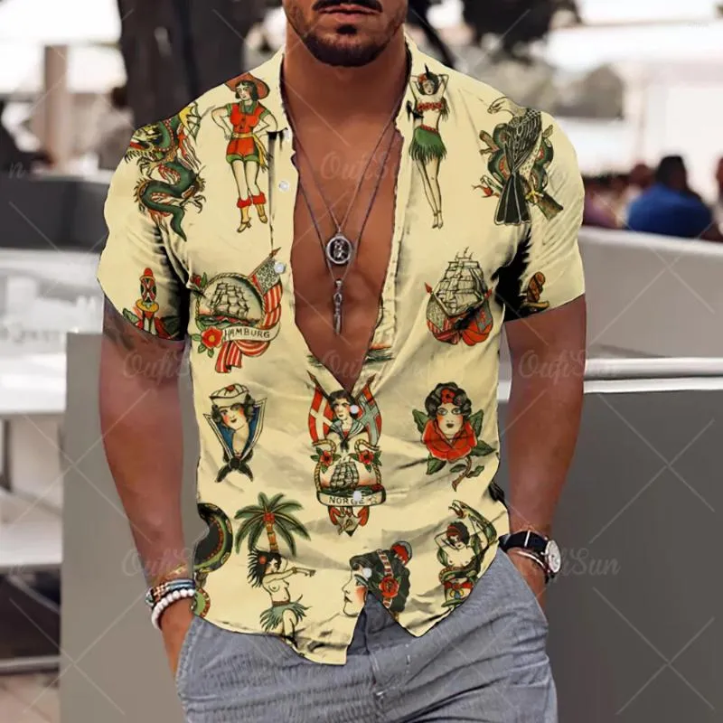 Camisas casuais masculinas tribo vintage para roupas masculinas 3d gráfico vestuário praia botões oversized manga curta topos masculino/feminino camisa havaiana