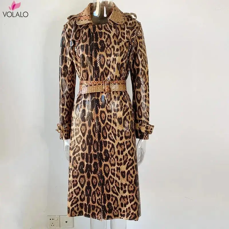 Kvinnors dike rockar Volalo Autumn Coat för kvinnor långärmad leopard dubbelbröst vindbrytare mode casual smal överrock
