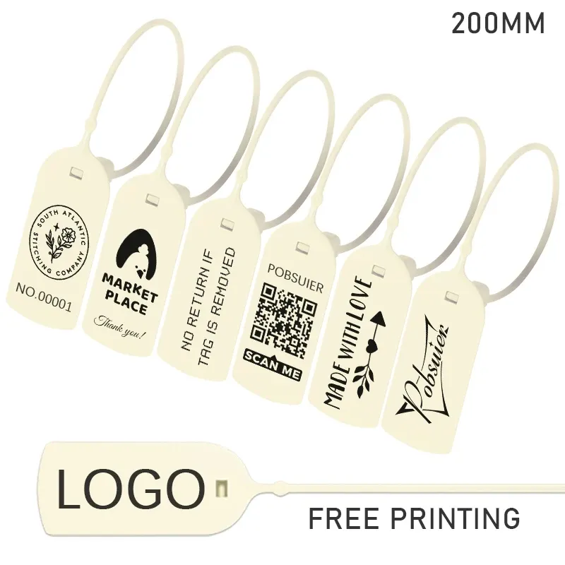 Accessoires 100 Stuks Aangepaste Kleding Hang Tags Gepersonaliseerde Plastic Veiligheidszegel Print Logo Kledingstuk Schoen Kleding Cadeaulabel Crème Beige 200mm