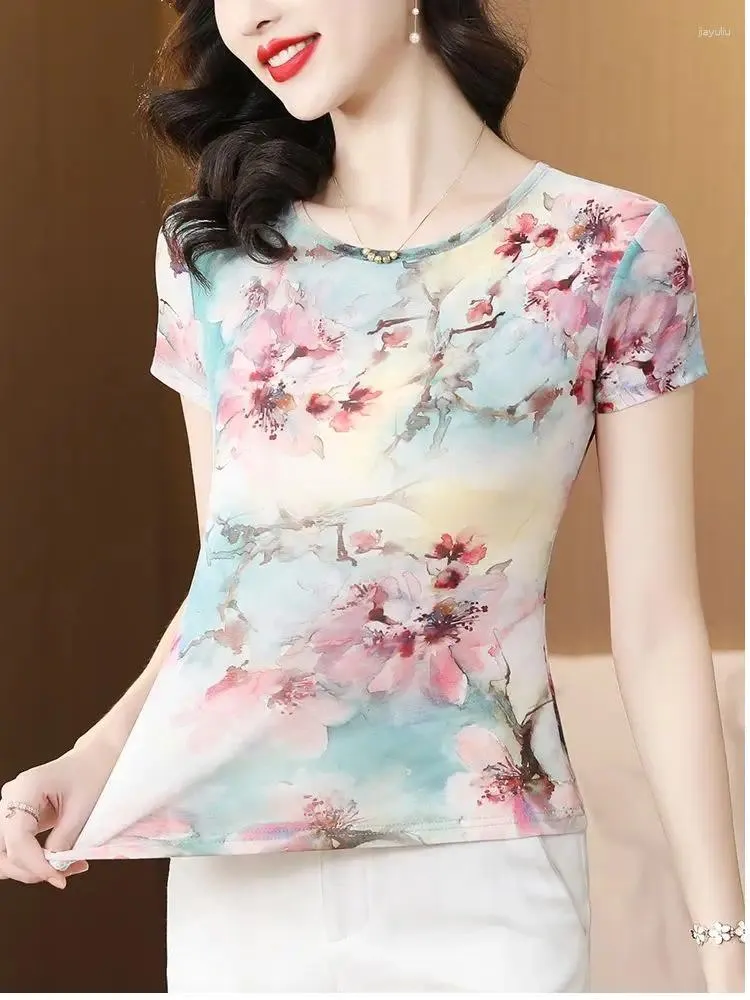 Women's T Shirts Summer Floral T-shirts Women Short Sleeve Tee Lady Printed Thin Simple Elastic Tops M-4XL