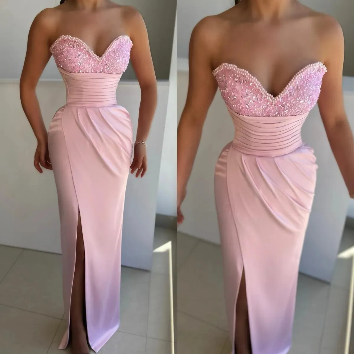 Elegant Pink Evening Gown Pearls Sequins Sweetheart Split Party Prom Dresses Sweep Train Formal Long Dress for red carpet special occasion YD