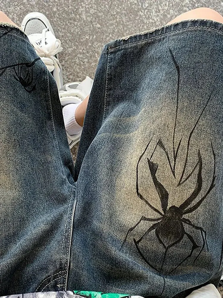Y2K Spider Web Denim Shorts - Harajuku Punk Grunge Jeans