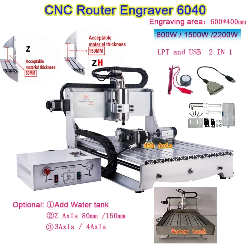 LY CNC routeur 6040 3-4 axes 0,8 kw 1,5 kw 2,2 kw USB LPT 2 en 1 axe Z hauteur 80-150mm gravure sur métal fraiseuse à bois