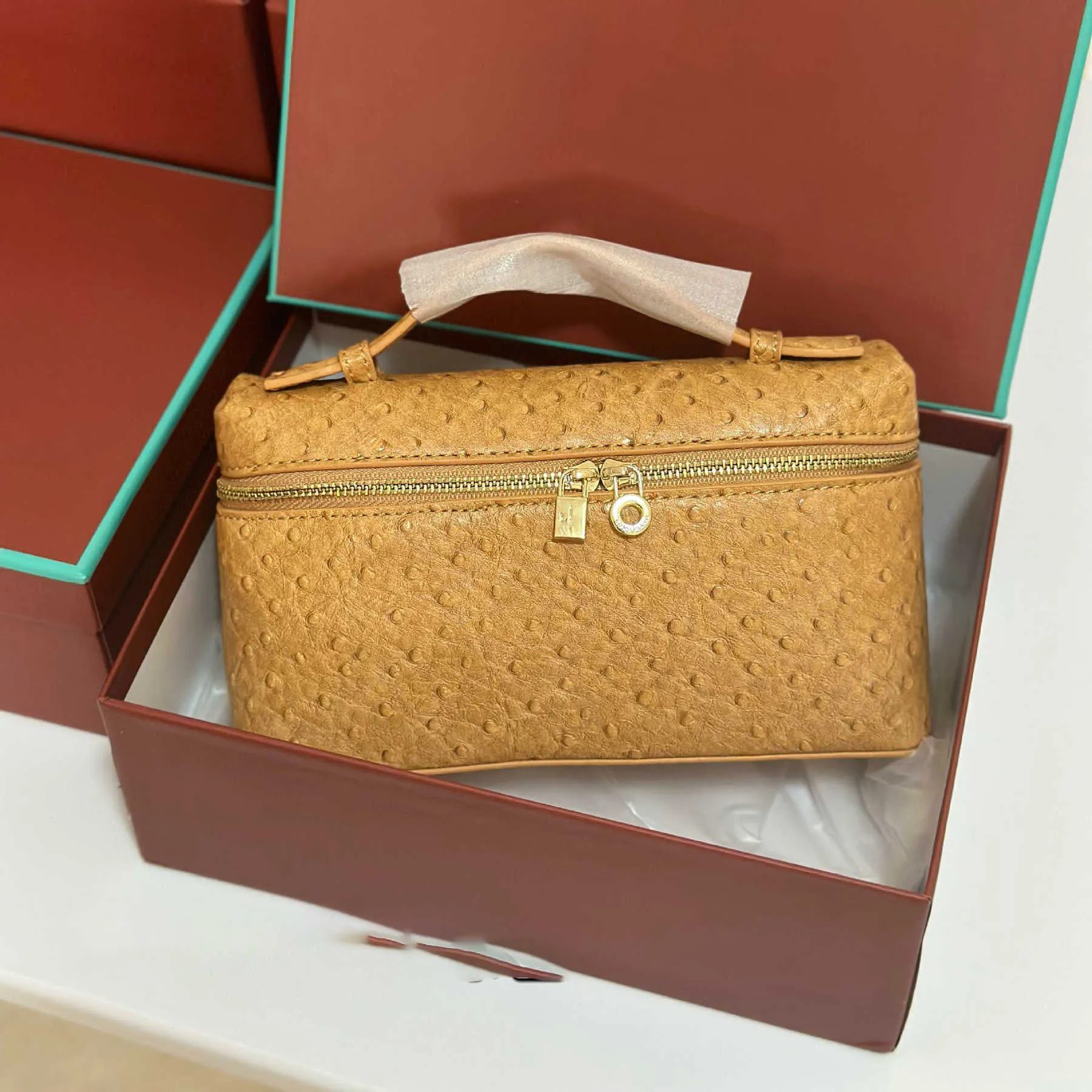 Lp19 Lunchbox-Tasche aus echtem Leder, Tasche im gleichen Stil, Litschi-Muster, Rindsleder-Handtasche, einfache Umhängetasche für Damen 240315