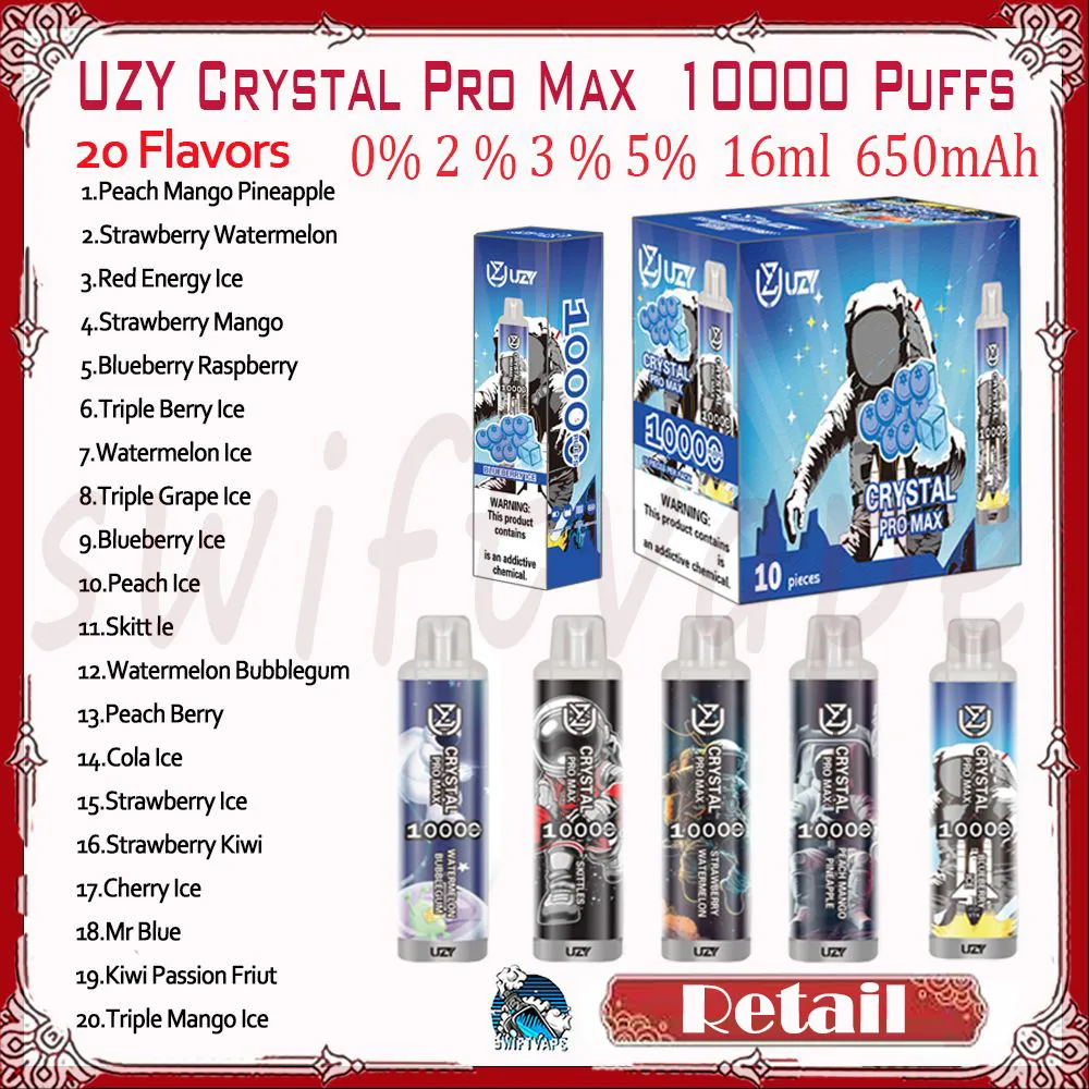 Retail UZY Crystal Pro Max 10000 Puff Disposable E Cigarette 650mAh Rechargeable Battery 20 Flavors 16ml 0% 2% 3% 5% 10k Puffs Vapes Pen