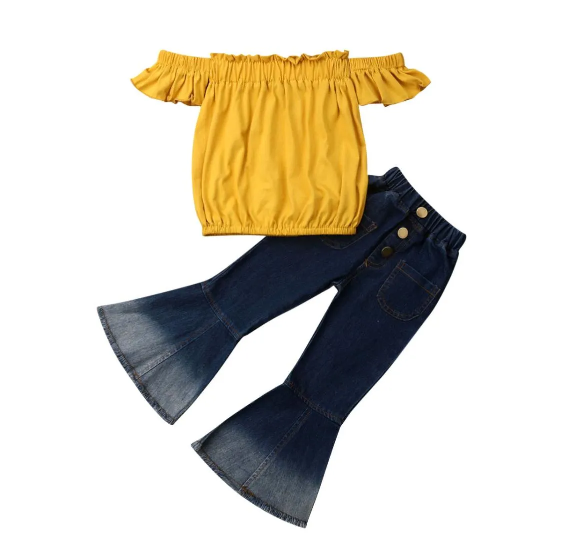 Peuter Baby Meisje Kleding Uit Schouder Tube Top Shirt Bell Bottom Flare Broek Baby Meisje Zomer Outfits Kleding 37T Y2008311647921