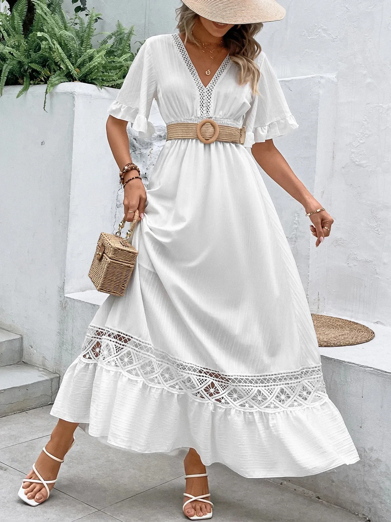 white midi dress for bridal shower Boho Beaded Lace Bell Sleeves Fit and Flare Wedding Gown