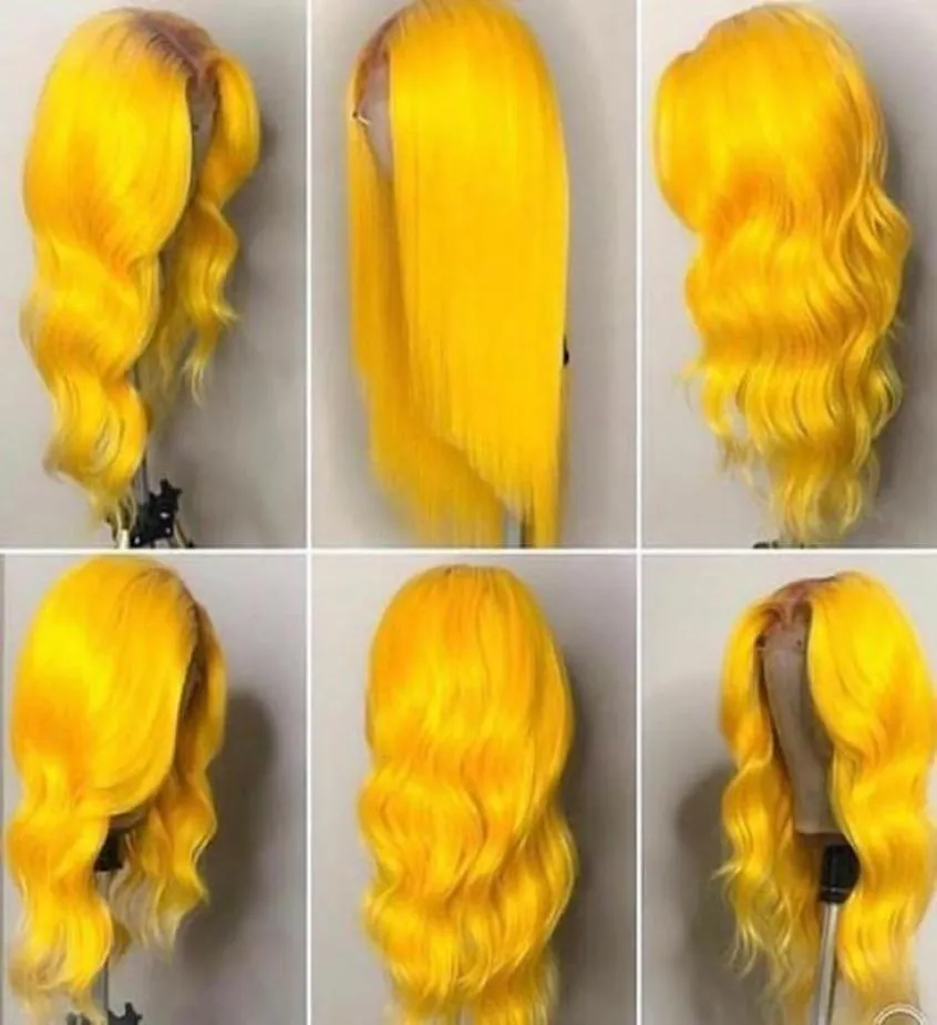 Perruques avant de dentelle de cheveux brésiliens de vague jaune Bob 13X4 pré-cueillies perruques synthétiques droites courtes de Bob pour les femmes noires noeuds de blanchiment2244401