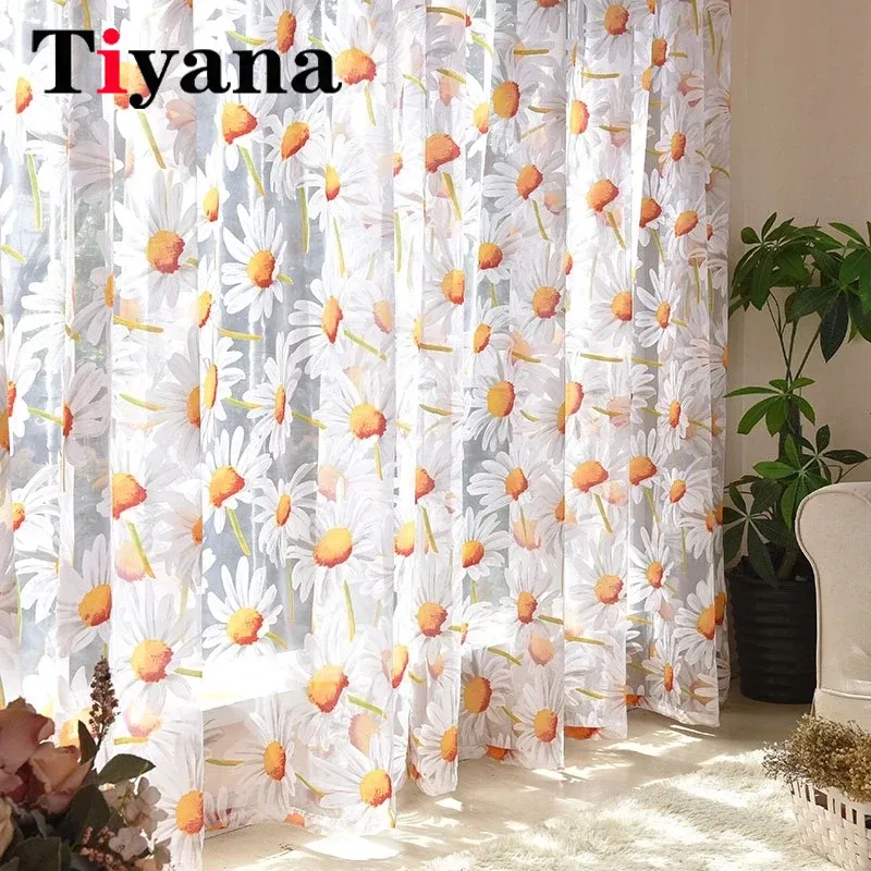 Cortinas de tule transparente flor de girassol amarelo para sala de estar quarto floral voile cortinas de janela de cozinha cortinas