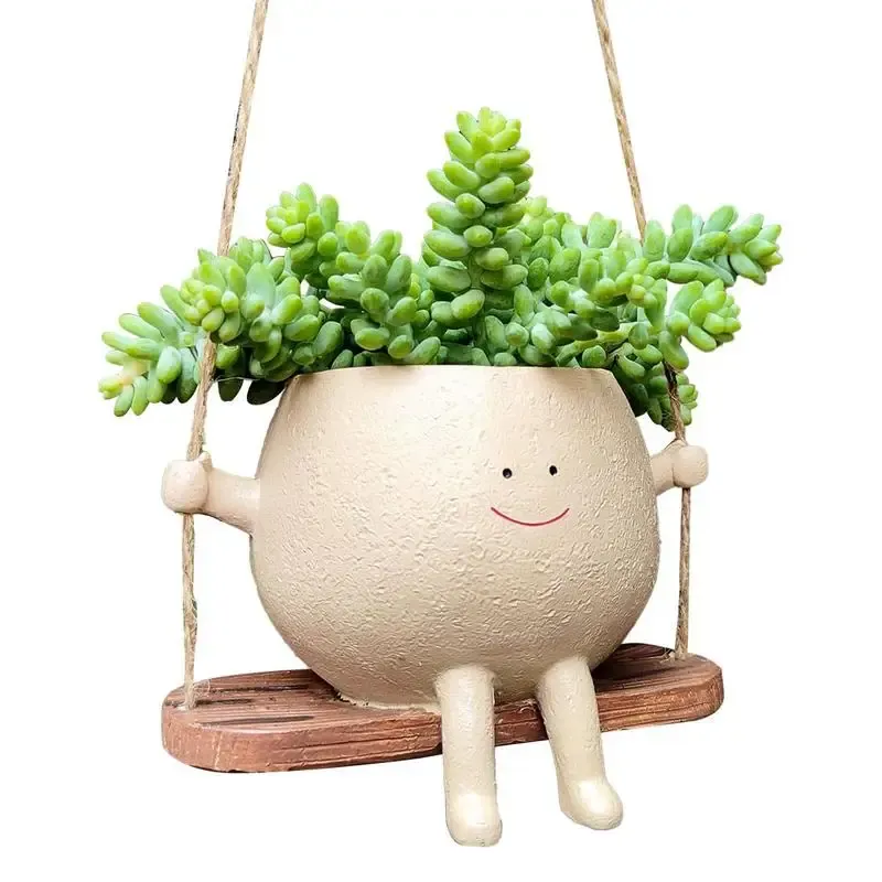 Jardinières Swing Face Planter Pot résine Tenture murale Planter Basket Unique Cartoon Face Style Green Plant pot Intérieur Extérieur Jardin Décor