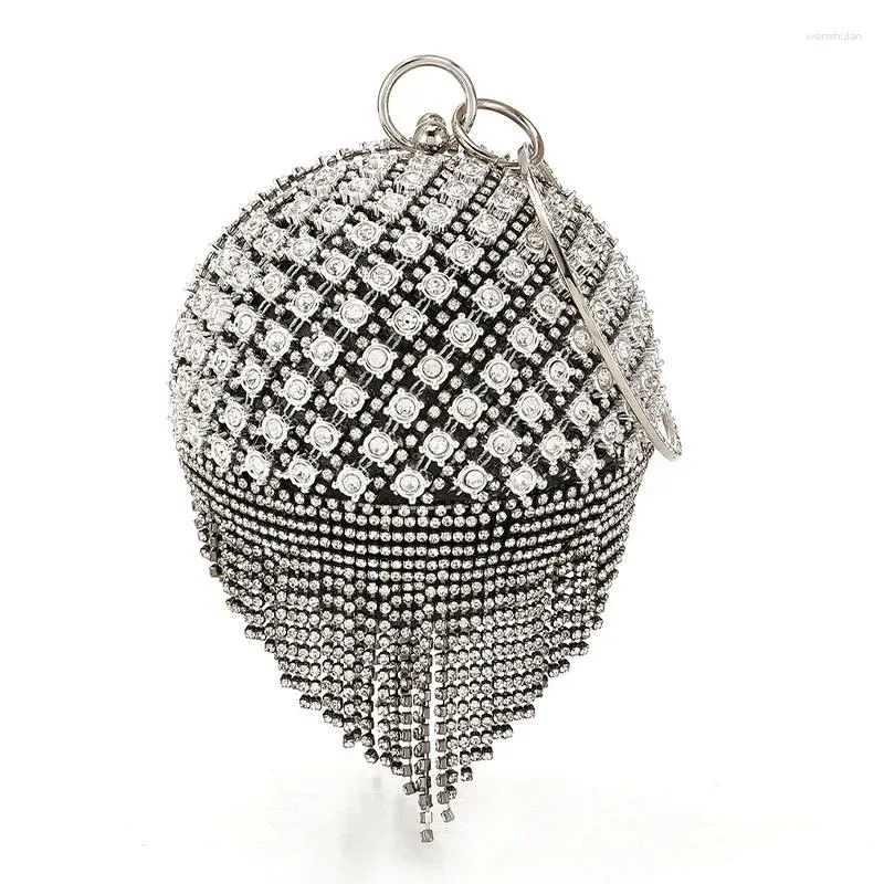 Shoulder Bags Crystal Diamond Tassels Round Ball Clutch Handbag Women Wedding Bridal Party Rhinestone Purse Circle Top Handle Bag Box