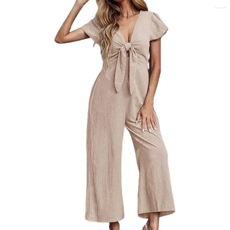 Kvinnors byxor lätta brett ben jumpsuit charmiga arbeten snygga sommar jumpsuits v-hals snörning romper bred ben streetwear