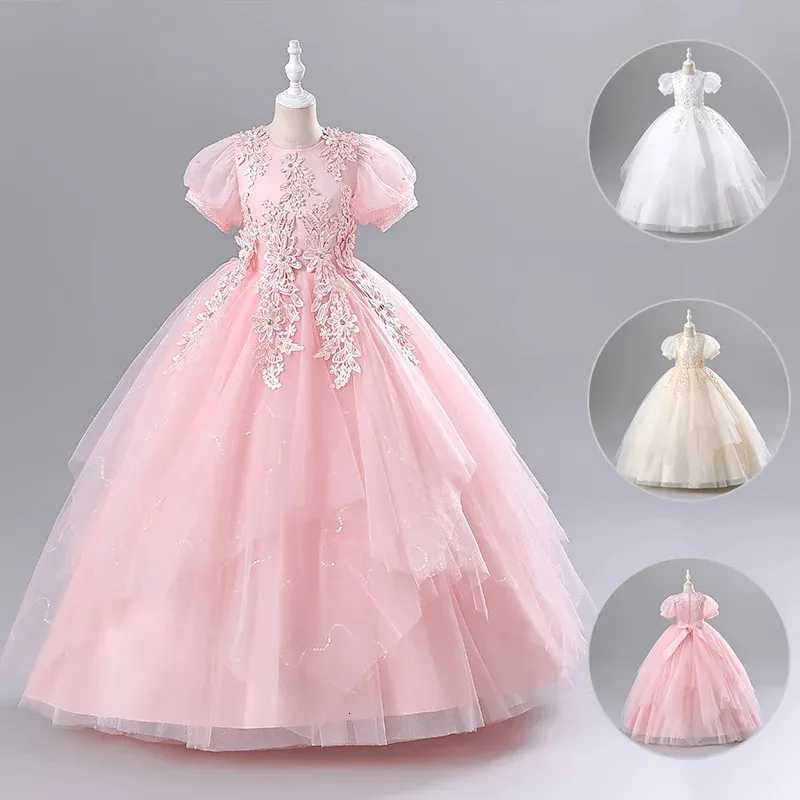 Champagne flor menina vestido para casamento rendas apliques brilhando inchado manga curta crianças aniversário princesa primeira comunhão vestido 240309