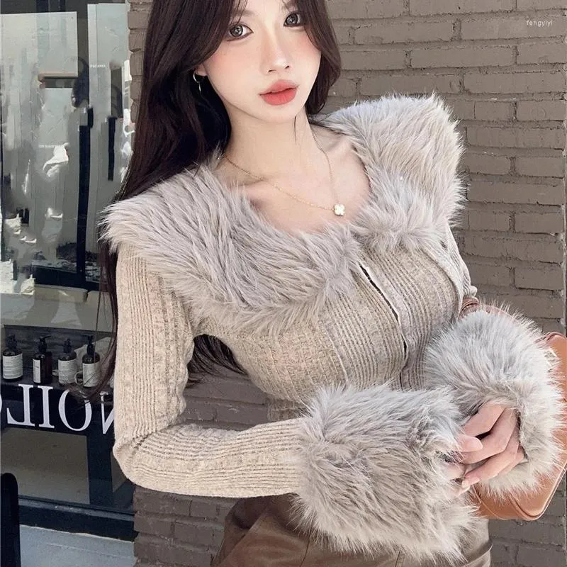 Women's Knits Women Autumn Winter Knitted Sweaters Long Sleeve Faux Fur Collar Cardigans Sweater Short Coat Top Y2K Slim Fit Cropped Tops