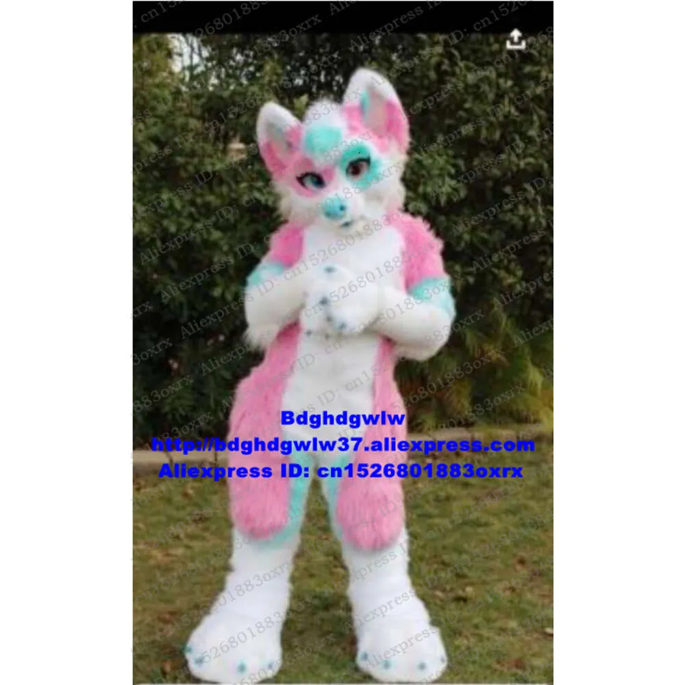 Trajes de mascote rosa longo pele peludo raposa lobo husky cão fursuit mascote traje adulto personagem terno presentes e lembranças festa de noite zx3027