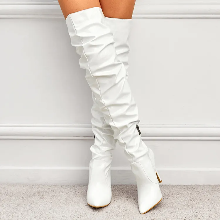 Women Thigh-high Boots Fall and Winter Patent Leather Leg Slimming Elastic Thigh-high Boots with High Heels