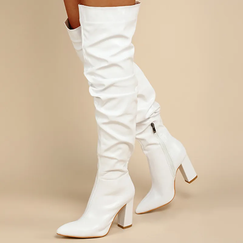 Women Thigh-High Boots New Fall and Winter Fashion Ruffled Chunky Heel High Boots Pile Boots Over The Knee Boots