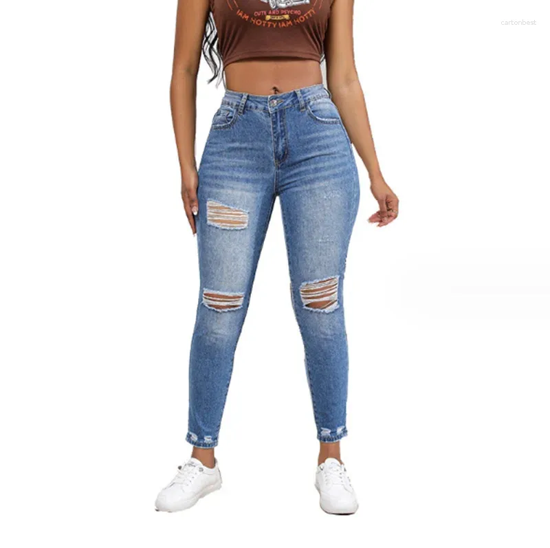 Jeans femininos mulheres casual magro rasgado joelho buracos angustiados vintage riscado branqueado cintura alta elástico ajuste feminino calças 82y25