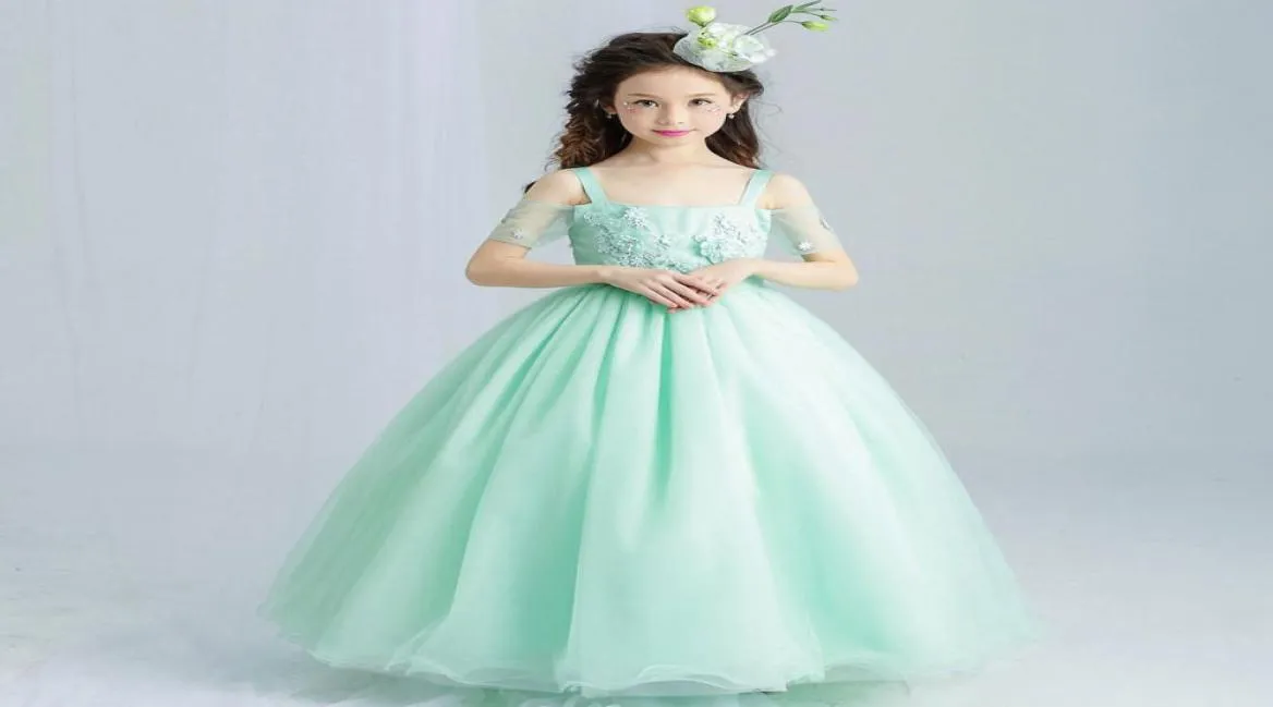 Mint Green Elegant Tulle spetsblomma Girl Wedding Dress Ankel längd Applices Bead Kids Party Prom Dress First Communion Dresses6797938