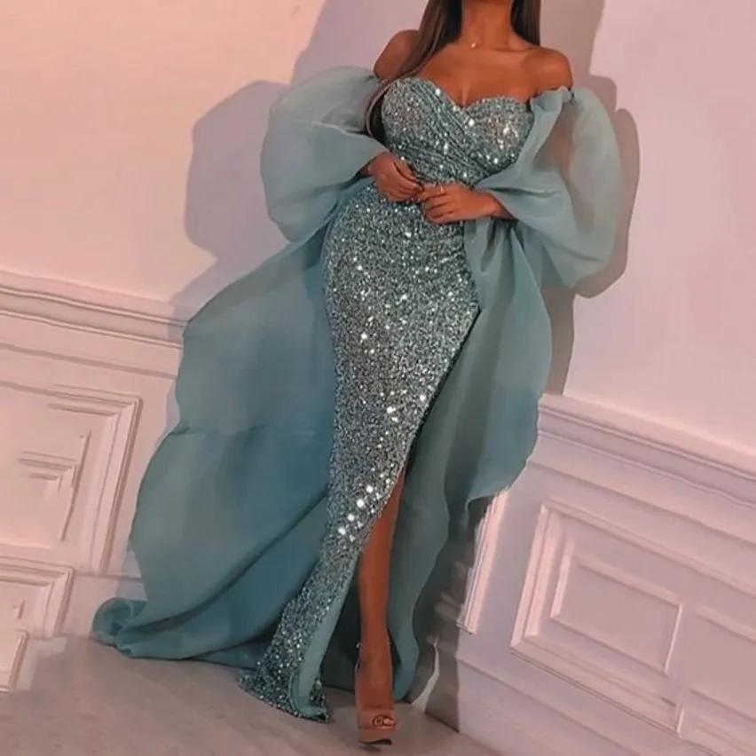 Underbara Aqua Green Prom -klänningar Bling Sequin High Side Split aftonklänningar med rufsar ärmar Långa kvinnor Pageant Party -klänningar Formella BC14276