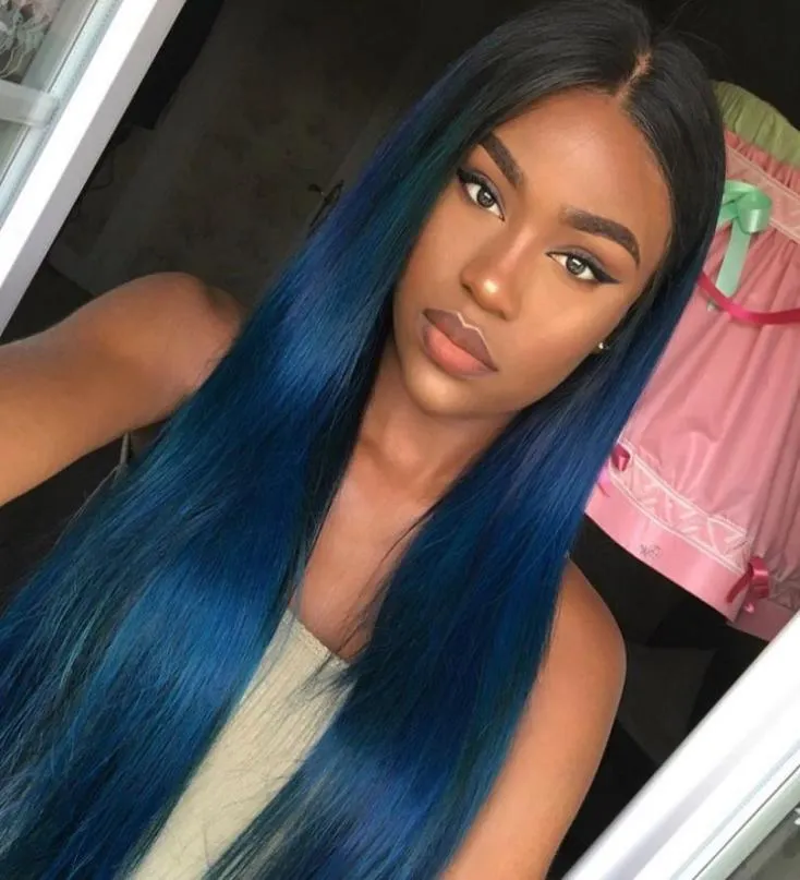 Azul perucas de cabelo humano com cabelo do bebê natural linha fina ombre peruca cheia do laço perucas dianteiras do laço para preto feminino com cabelo do bebê 62821724277565