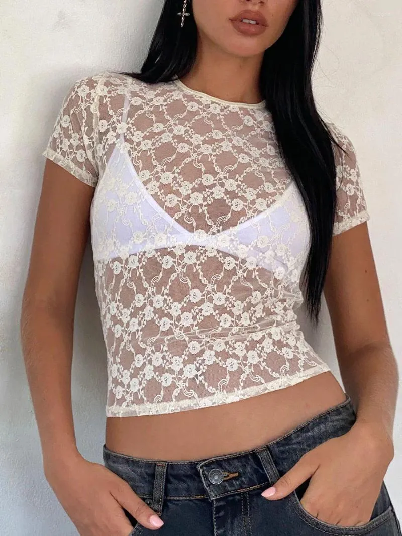 Women's T Shirts Women Y2K Sexy Lace Top Low Cut Slim Fit Off The Shoulder Tank Crop Tops See Through Vintage Fairy Streetwear