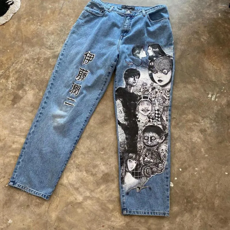 Jeans pour femmes Hip Hop Anime Print Harajuku Rétro Graphique Baggy Denim Y2k Pantalon Hommes Femmes Goth Taille Haute Pantalon Large