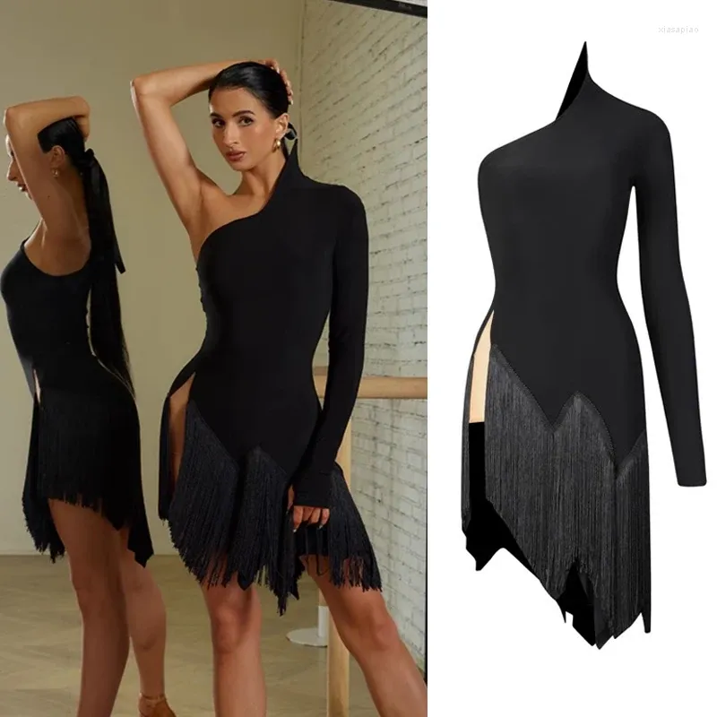 Stage Wear Fashion Robes de danse latine à manches longues pour femmes noires col haut frangé adultes Samba Chacha Salsa robe SL9555