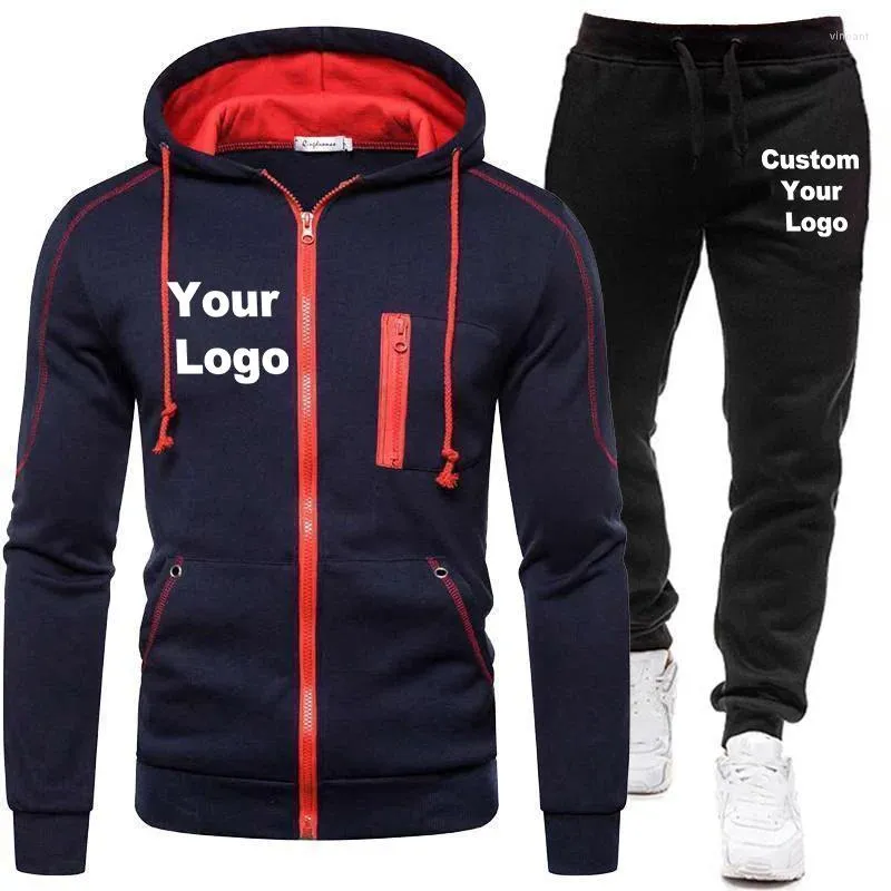 Survêtements pour hommes Logo personnalisé Survêtement Casual Jogging Costume Ensemble extérieur Zipper Sweats à capuche Noir Sweatpant Spring Fashion Streetwear S-4XL