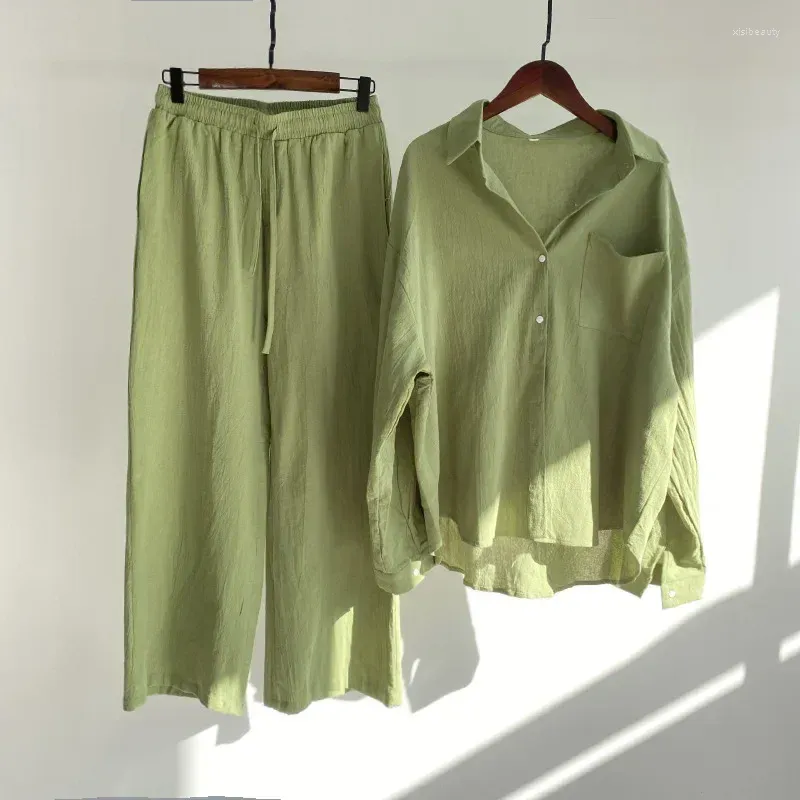 Dwuczęściowe spodnie damskie Casual Cotton Linen Set Shirt Kobiety luźne sznurki szerokie nogi zestawy vintage Y2K Lady 2 stroje 30349