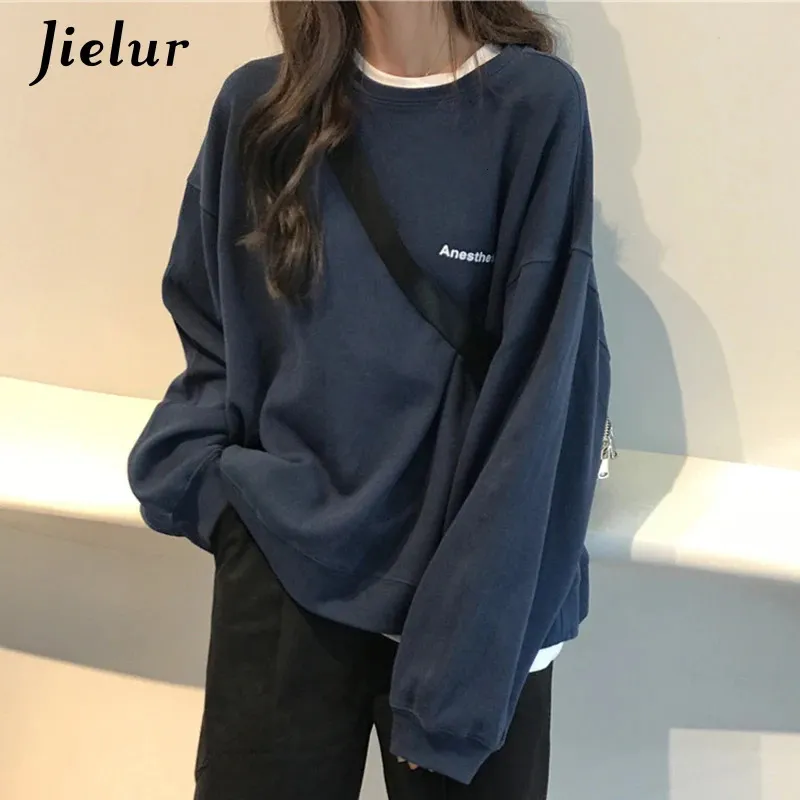 Jielur Kpop Lettera Felpa con cappuccio Moda coreana Thin Chic Felpe da donna Cool Navy Blu Grigio Felpe con cappuccio per donna M-XXL 240313