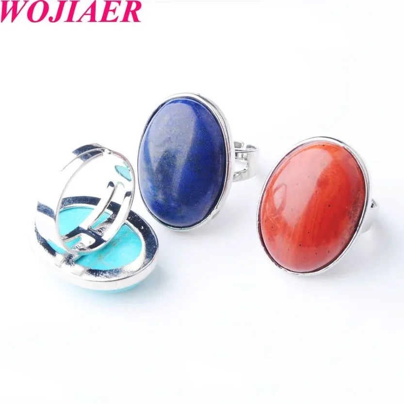Wojiaer Fashion Natural Stone Howlite Ring Geometry Oval Blue Turquoise女性用ジュエリー用調整可能リングBZ910307y