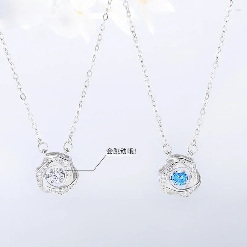 Chains Jumping Heart Necklace Women's Pure Silver Colorful Dancing Collar Chain Accessories Flower Micro Set Pendant