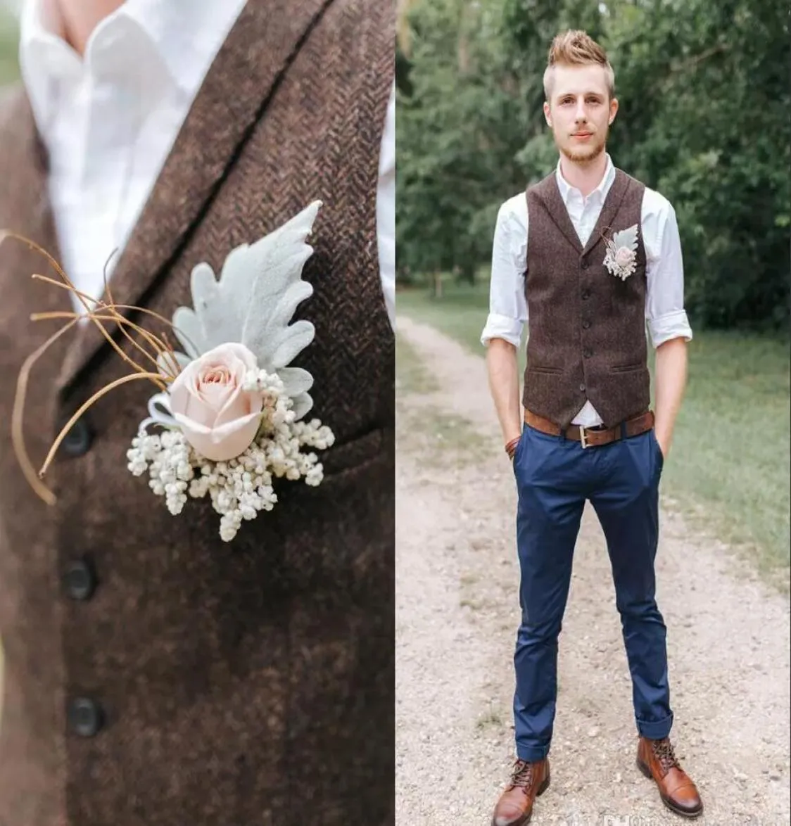 2019 Groom Vestss Brown Tweed Herringbone Groom Vests British Style Mens Suit Bests Slim Fit Mens Dress Vest Custom WeddingWa6970131